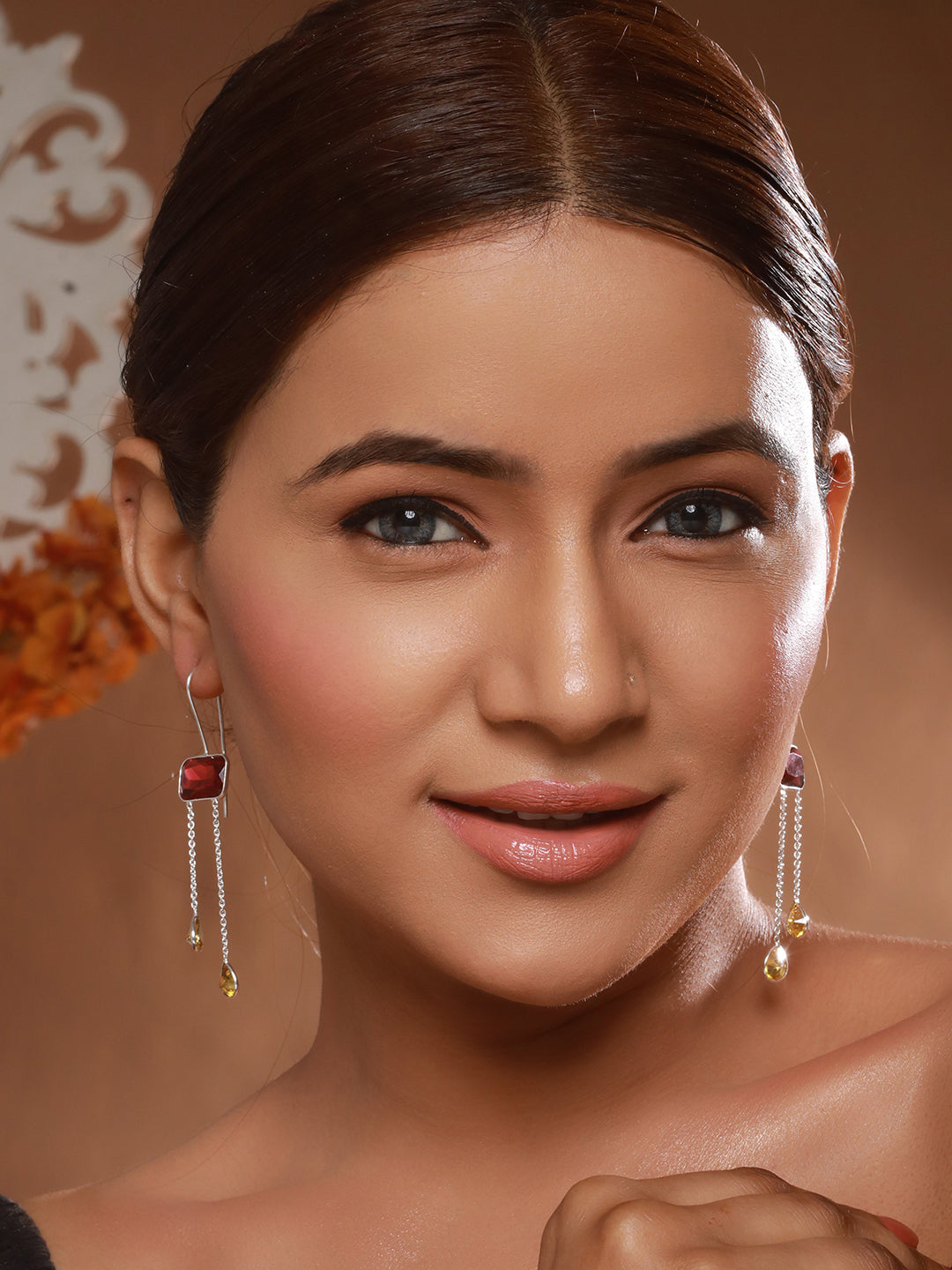 Silver Plated Red Ruby Crystal Dropdown Minimal Fishhook Earring